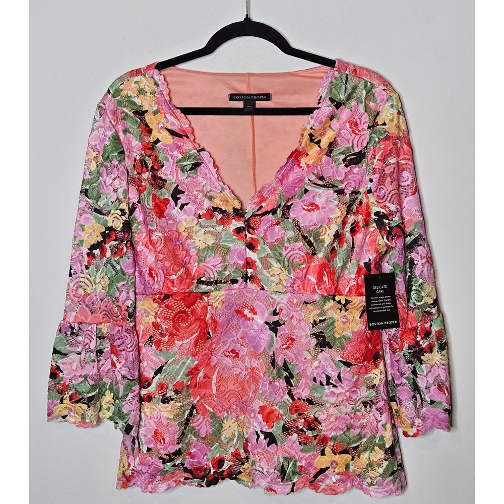 Boston Proper NEW Printed V Neck Scalloped Lace Top‎ Floral Womens Large Vibrant